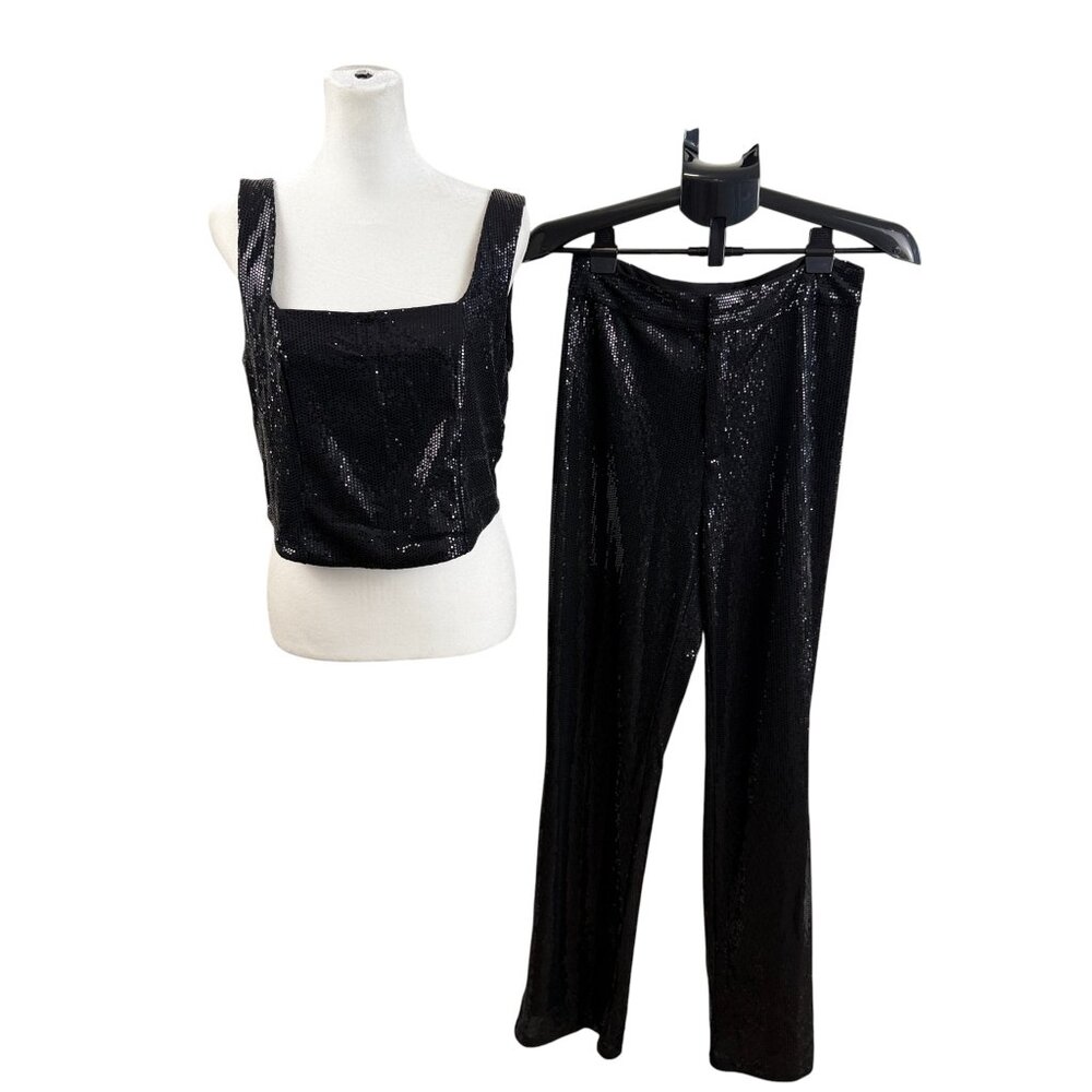 House of Harlow 1960 Black Sequin Two-Piece Set – Crop Tank & High-Waist Pants